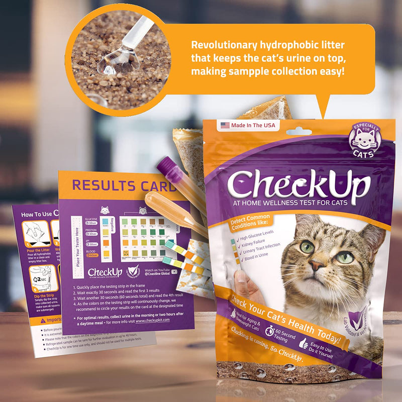 KIT4CAT CheckUp at Home Cat Wellness Test Kit | 2lb Hydrophobic Litter keeps urine on top, 2 Test Strips for The Detection of The 4 Most Common Health Indicators - pH, Protein, Glucose, Blood in urine 4 Parameters