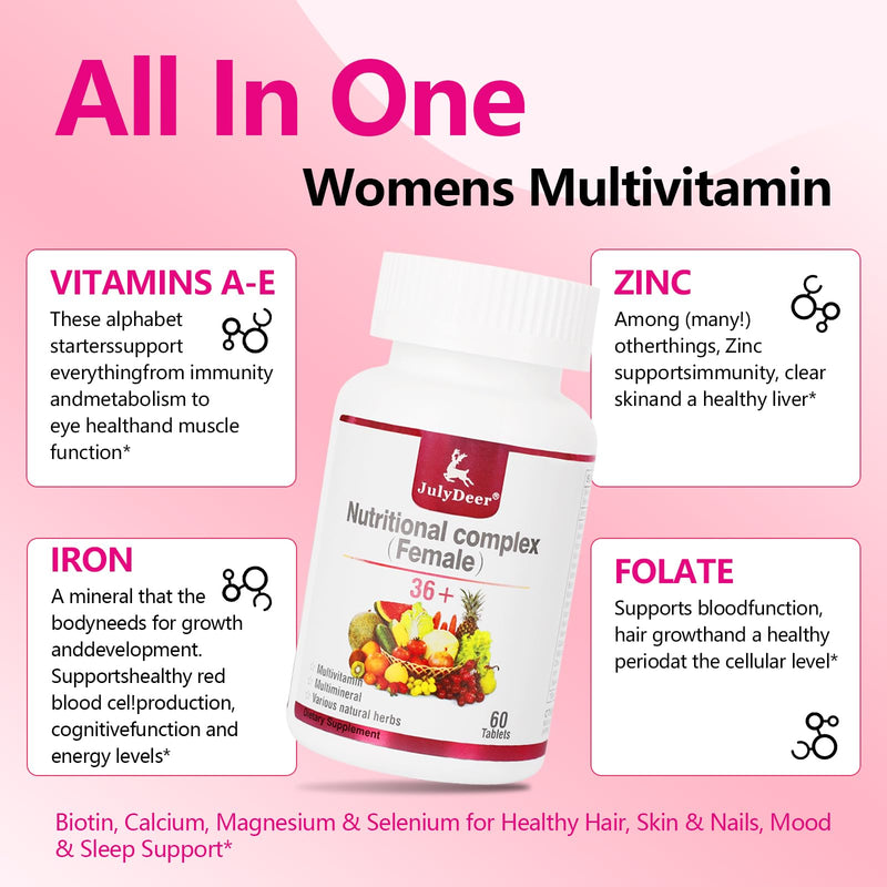 JulyDeer Multivitamin for Women 60 Tablets Complete Multimineral & Vitamin | A, C, D, E and B-Complex, Zinc & More for Lady Immunity, Hair, Skin & Nails, Digestion + Vegetarian ( 60 Count Pack of 2) 2 Bottles