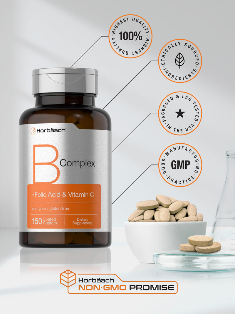 Horbaach B Complex Vitamins for Women and Men | 150 Caplets | With Folic Acid & Vitamin C | Non-GMO & Gluten Free Supplement