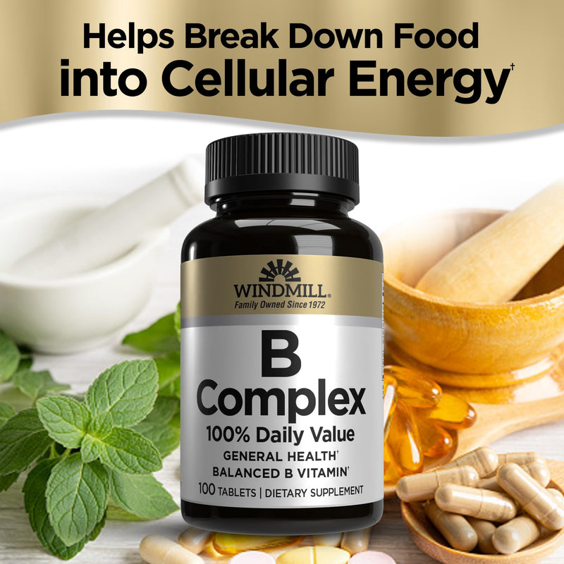 Windmill Natural Vitamins B Complex (100% Daily Value), Boost Energy Production and Promote Metabolism, 100 Tablets, 100 Servings