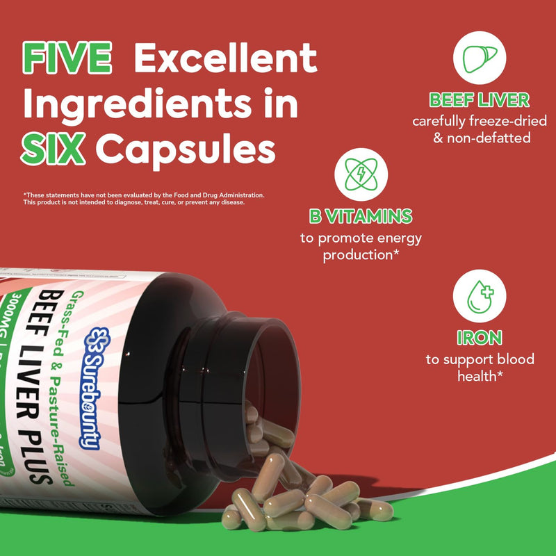 Grass-Fed & Pasture-Raised Beef Liver Plus, 3000 mg, Vitamin B6, B9, B12, Iron, No Hormone, Non-GMO, Non-Defatted, Freeze-Dried Liver Health Supplement, 180 Caps