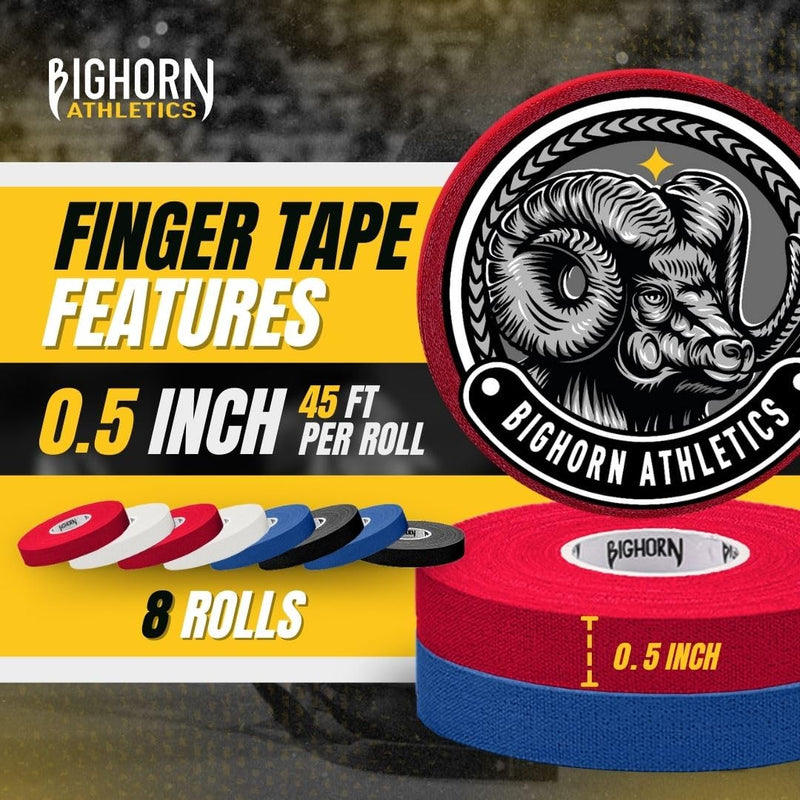 Bighorn Athletics Jiu Jitsu Finger Tape, 0.5-Inch x 45-feet, 8-Rolls | Residue-Free Adhesive | Athletic Sports Tape for BJJ, Wrestling, Climbing, Volleyball, Hands & Toes | Black, Blue, Red, White - BeesActive Australia