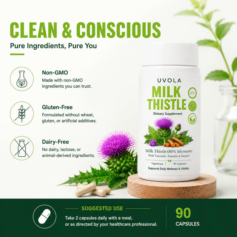 Uvola Milk Thistle Supplement, 80% Silymarin Liver Support Formula, Inositol, Vitamin C, Turmeric, Wormwood, Clove, Dandelion, 8-Ingredient Blend, Gut Health,90 Capsules