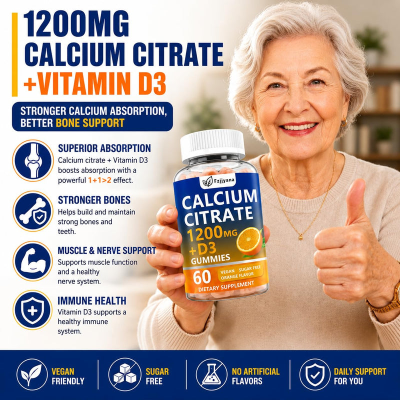 (2 Pack) Calcium Citrate with Vitamin D3 Gummies, 1200 mg Calcium Supplement for Women & Men, Supports Bone, Muscle & Teeth Health, Liquid-Filled Gummies with 5X Faster Absorption, Vegan - 120 Count 60 Count (Pack of 2)
