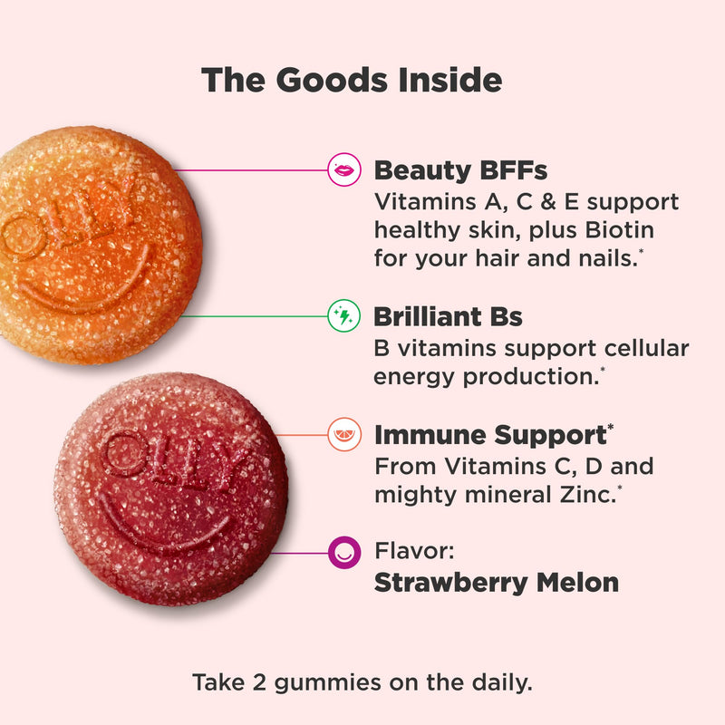 OLLY Teen Girl Multi Gummy, Healthy Skin and Immune Support*, Essential Vitamins, Biotin, Zinc, Chewable Multivitamin, Strawberry Melon Flavored, 50 Day Supply - 100 Count 100 Count (Pack of 1) - BeesActive Australia