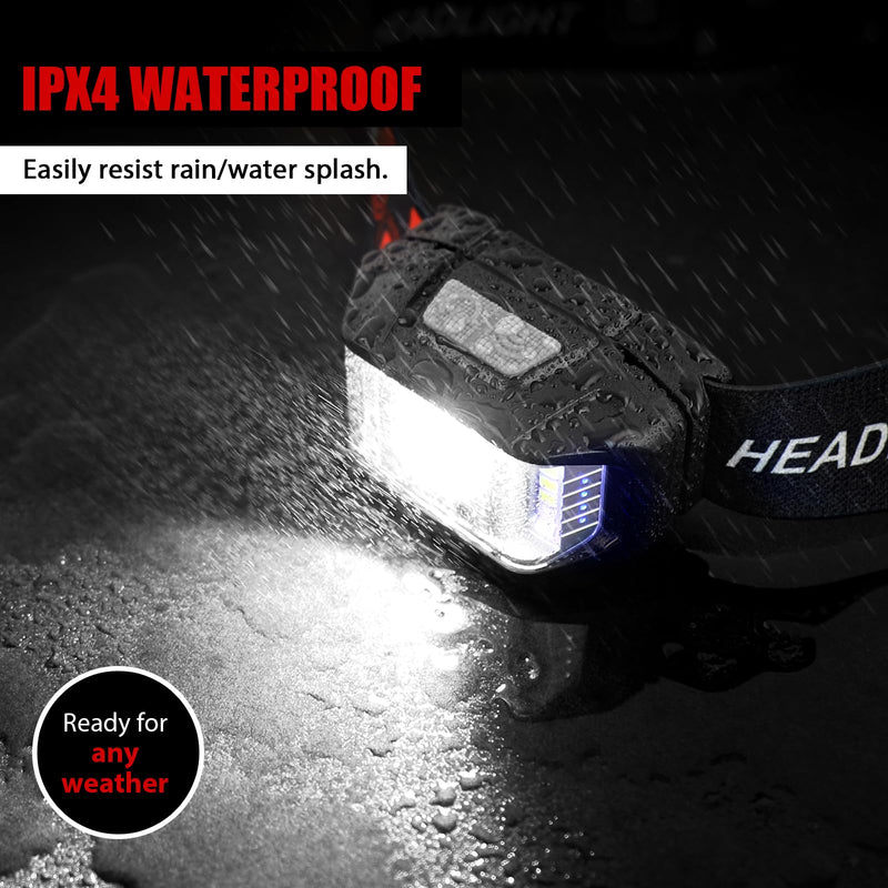 Headlamp Rechargeable, High Lumen Super Bright Motion Sensor LED Head Lamp Flashlight, Waterproof Headlight with White Red Light,14 Modes Head Lights for Camping Fishing Running- 4 Pack 4 Packs