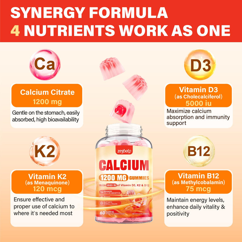 Calcium 1200 mg with Vitamin D3 Supplement for Adults - Calcium Gummies | Vitamin D3 5000IU, K2, B12 - Extra Absorption Calcium Citrate for Women Men - Natural Strawberry Flavor, 60 Gummies 60 Count (Pack of 1)