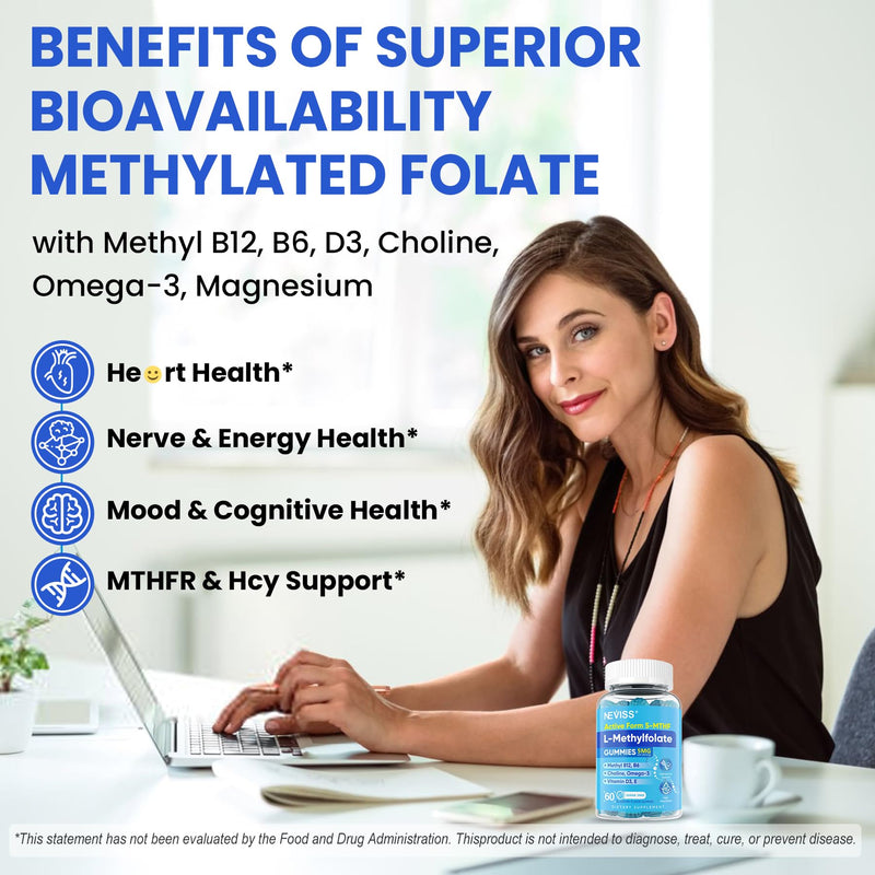 NEVISS L Methylfolate 5mg Gummies & Methyl B12 B6, Active 5-MTHF Form, 60Ct | Methyl Folate with Methyl B Complex, Choline, Omega-3, Magesium for Focus, Energy, Mood, Fetal Development, Vegan, Sugar Free 60 Count (Pack of 1)