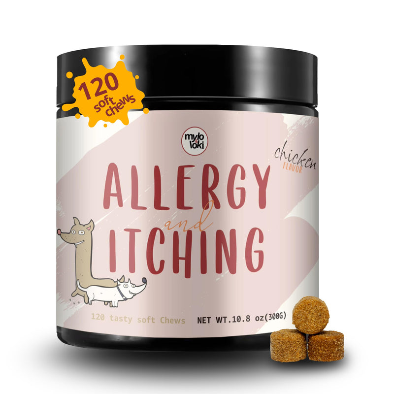 Mylo&Loki- Allergy & Itching Relief Chews for Dogs – Chicken Flavor, 120 Soft Chews – Supports Seasonal Allergy Relief, Itchy Skin, Coat Health, Digestive & Immune Support.
