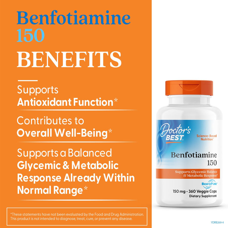 Doctor's Best Benfotiamine 150mg Supplement - Bioavailable Vitamin B1 for Men & Women, Benfotiamine Capsules, Supports Nerve & Metabolic Health, Antioxidant Support, Non GMO, Vegan - 360 Veggie Caps Unflavored 360 Count (Pack of 1)