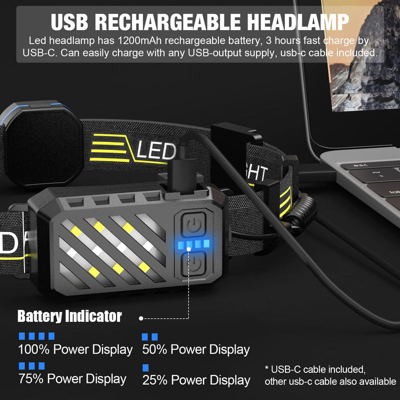 LED Headlamp, 1000lumens 230° Widebeam Headlight, USB Rechargeable HeadLamp with Red Taillight, Lightweight Waterproof Headband Light for Camping Running Hiking, Hard Hat Headlamp led headlamp 2pcs