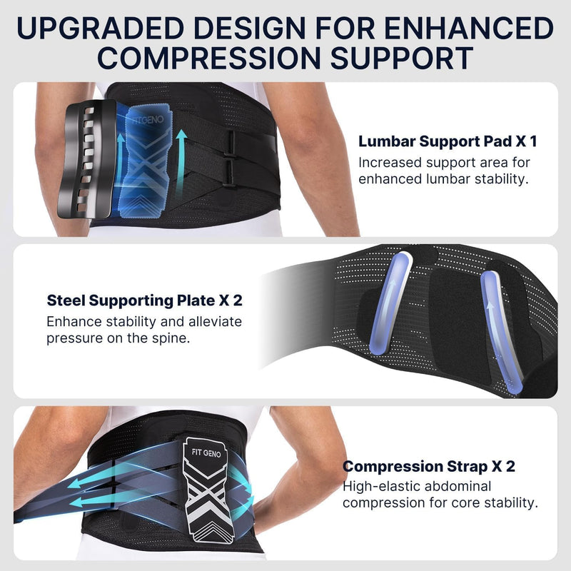 Fit Geno Back Brace for Lower Back Pain Relief: Adjustable Support with Ergonomic Lumbar Pad for Herniated Disc Sciatica and Lumbar Strain - Breathable Design for Men & Women (L/XL) L/XL (Waist: 38" - 46") Black - BeesActive Australia