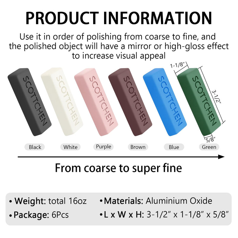 SCOTTCHEN Buffing Polishing Cutting Compounds 16 Oz.Kit-for Stainless Steel Aluminum Jewelry,Black White Purple Brown Blue Green,from Course to Fine - 6 Pcs 16 Oz-Mixed