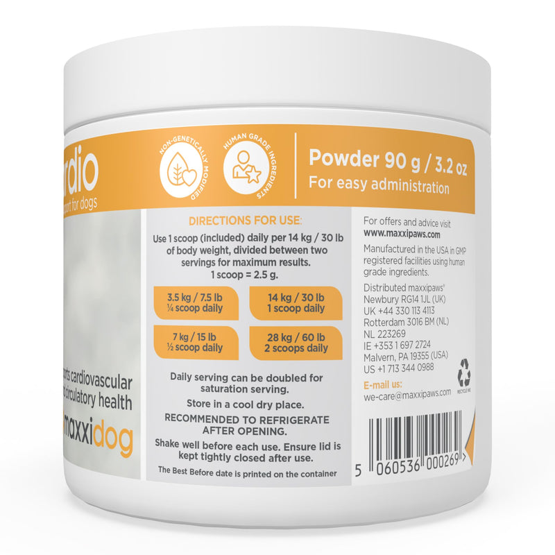 maxxipaws - maxxicardio Heart Support for Dogs (Small Size) – Taurine + L-Carnitine + Hawthorn + Ginkgo – Helps Support Circulation, Energy & Stamina – Easy Mix Powder – Made in USA – 3.2 oz