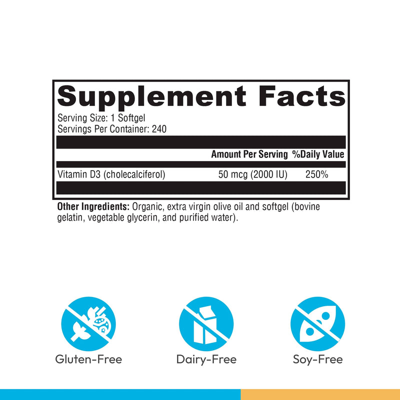 XYMOGEN D3 2000, 240 Softgels | Bioavailable Vitamin D3 2000 IU (50 mcg), High-Strength Vitamin D Supplement for Immune, Bone, and Heart Health Support 240 Count (Pack of 1)