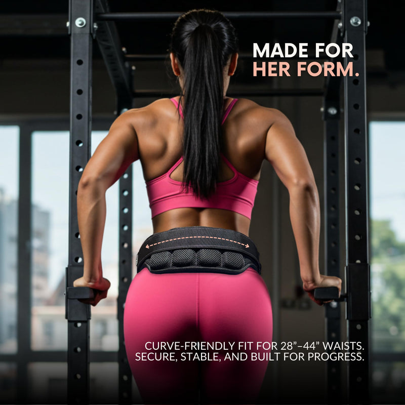 Women’s Dip Belt for Weighted Pull-Ups, Squats & Dips – Curve-Hugging Fit for 28"-44" Waists – 2 Straps + Carabiners – Comfortable Back Support, Up to 300 lbs.