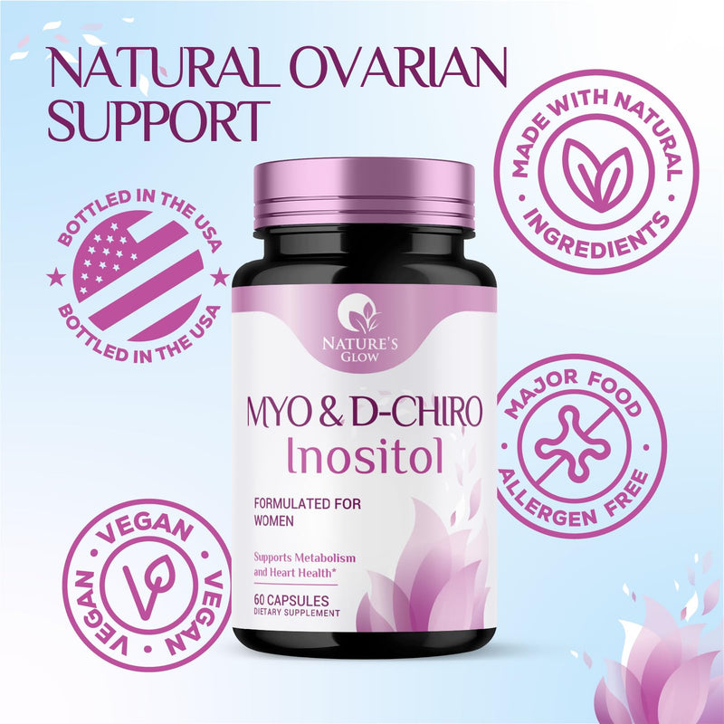 Myo-Inositol & D-Chiro Inositol 1025mg - 40:1 Ideal Ratio for Ovarian Support, Vegan Myo & D Chiro Supplement for Women's Natural Balance and Hormone Support, Vitamin B8, Non-GMO - 60 Capsules 60 Count (Pack of 1)