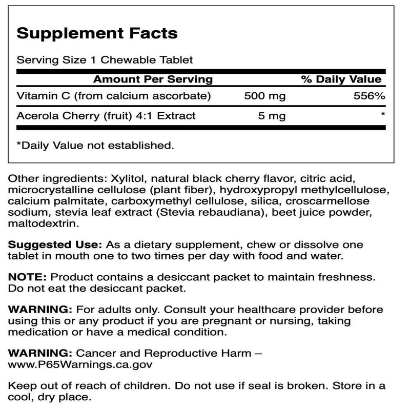 Swanson Sugar-Free Chewable Vitamin C Cherry 60 Chwbls | Quick-Dissolving Cherry Chewables for Immune System Support that Help Neutralize Free Radicals, Vegan and Non-GMO