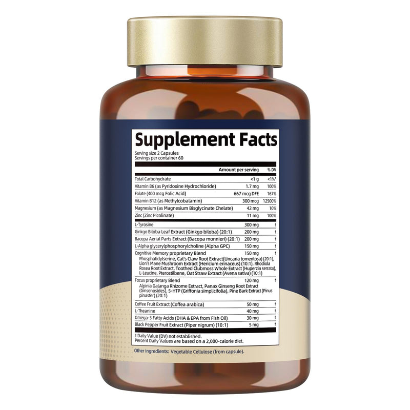 C-affeine Pills Brain Supplements for Memory and Focus L-Tyrosine, Alpha GPC, Ginkgo Biloba, Bacopa Monnieri, Brain Nootropic Cognitive Support - Non-GMO, Gluten Free (120 Counts) 120 Count (Pack of 1)