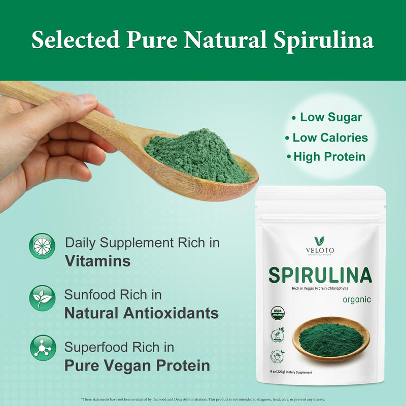 USDA Organic Spirulina Powder, 8 oz - Rich in Vegan Protein, Vitamins & Minerals | Natural Green Superfood, Source of Chlorophyll | Non-Irradiated, Non-GMO, Gluten Free 8 Ounce (Pack of 1)