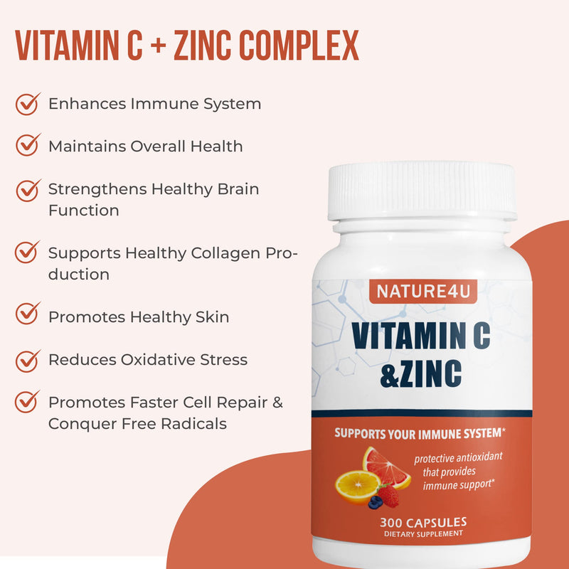 Vitamin C 1000mg with Zinc, Rose HIPS and Citrus Bioflavonoids, Immune Support Supplement Antioxidants Protection, 300 Capsules 300 Count (Pack of 1)