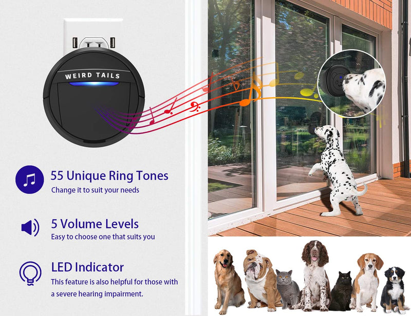 Wireless Doorbell, Dog Bells for Potty Training IP55 Waterproof Doorbell Chime Operating at 950 Feet with 55 Melodies 5 Volume Levels LED Flash (1 Receiver 2 Transmitters) 1 Receiver 2 Transmitters - BeesActive Australia