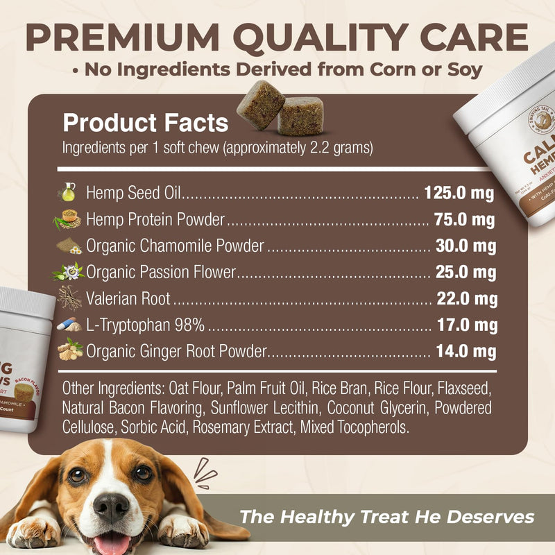 Dog Calming Chews - Bacon Flavor Canine Anxiety Relief & Stress Support - 120 Count Hemp Treats for Pets - Melatonin Free Sleep Aid for Separation Anxiety, Fireworks & Travel