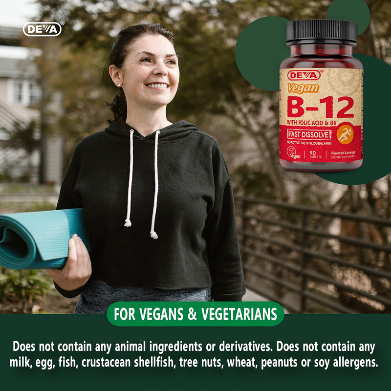 DEVA Vegan Vitamin B12 Fast Dissolve Supplement - Once-Per-Day Complex with 1000 Mcg Methylcobalamin B12, Folic Acid, B6 - Lemon Flavor - 90 Dissolvable Tablets, 2-Pack