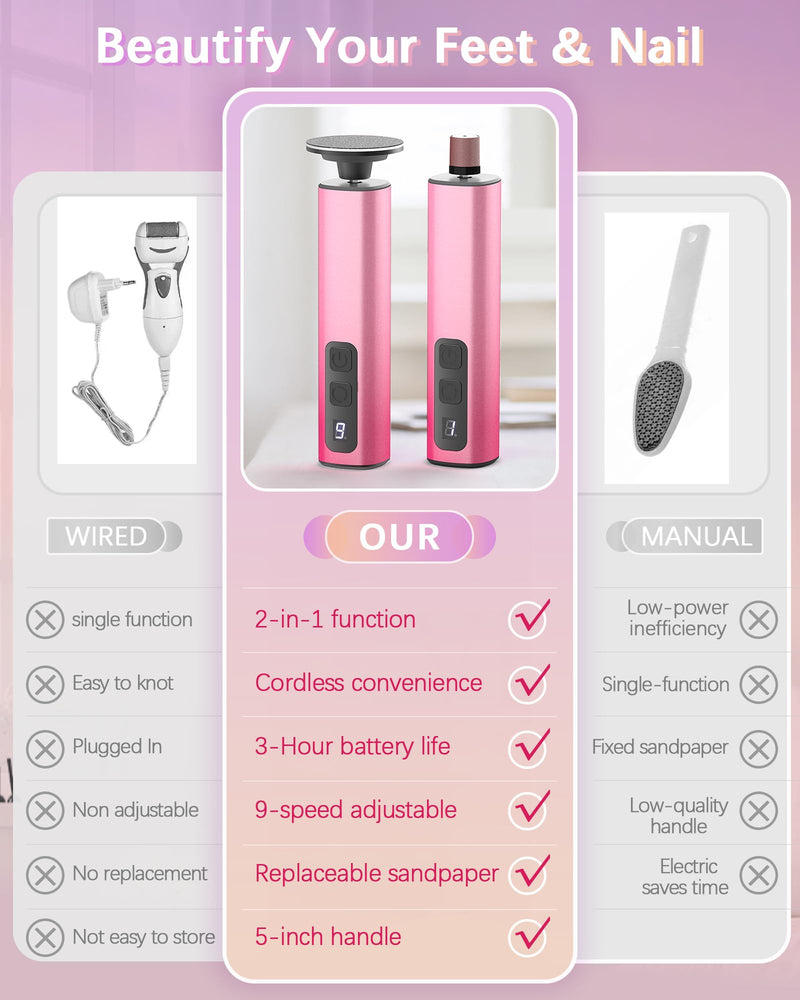 2 in 1 Electric Foot Callus Remover, 9 Adjustable Speeds Foot Scrubber USB Rechargeable Pedicure Tools for Feet, Dry Dead Skin Scraper Foot Grinder with 80/120 Grit Sandpaper Discs Rollers for Women Pink Gradient - BeesActive Australia