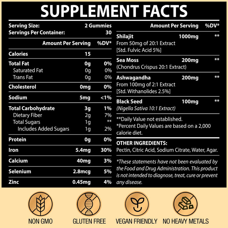 1500MG Shilajit Gummies for Men & Women, 4-in-1 Shilajit with Ashwagandha, Sea Moss, Black Seed | Energy, Immune System & Digestion | Authentic Flavor, Resin & Capsules Alternative, 120 Gummies 60 Count (Pack of 2) - BeesActive Australia