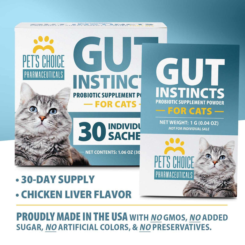 Pet's Choice Gut Instincts Probiotic Supplement Powder Packets for Cats, 30 ct, Veterinary Formulated Cat Probiotics with Vitamins for Gut Health, Digestive Balance, Diarrhea Support, Chicken Flavor 30 count