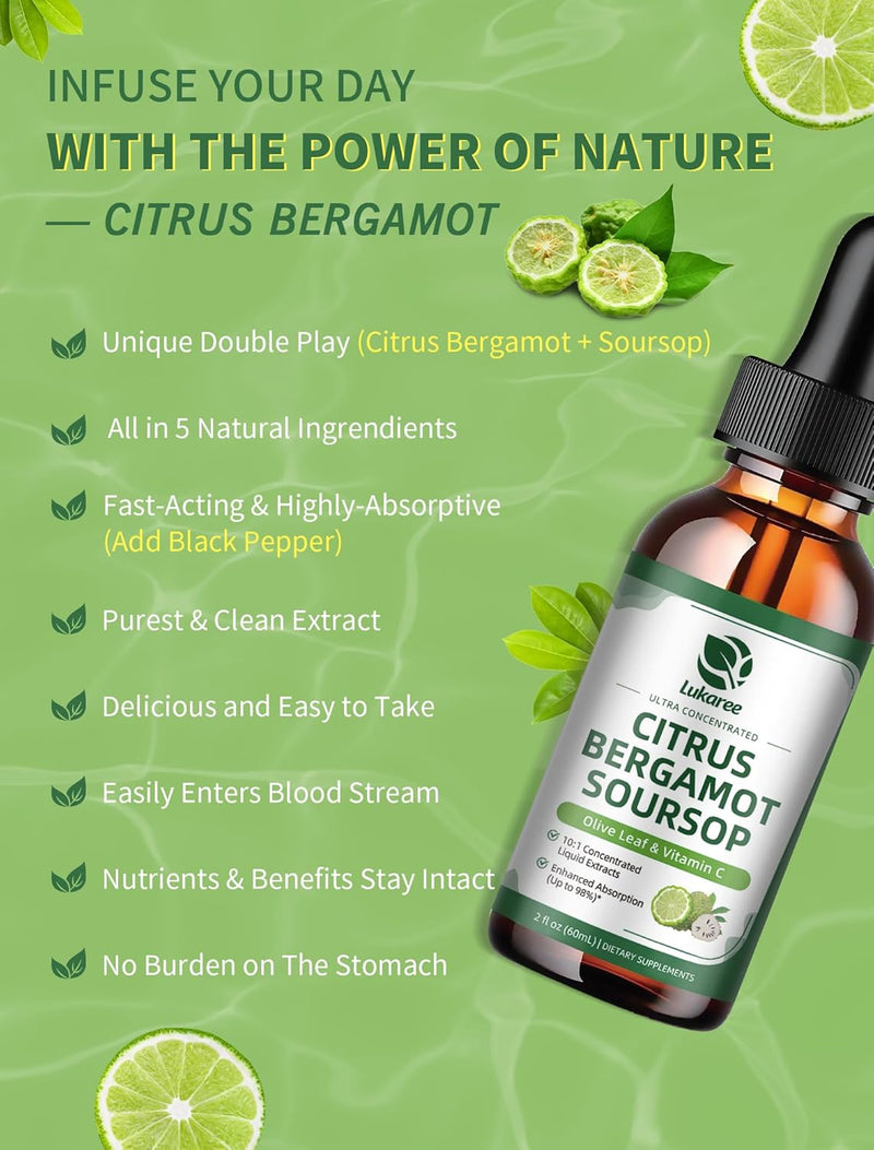 Citrus Bergamot Liquid Drops - Natural Supplement with Soursop, Red Yeast Rice, Garlic, Olive Leaf, Black Pepper - High Absorption - Support Overall Wellness* - Soursop Bitters Liquid, 2 Fl Oz - BeesActive Australia