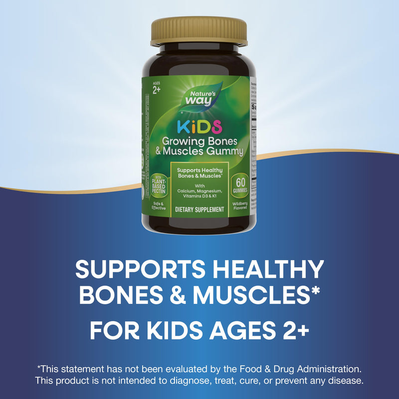 Nature's Way Kids Growing Bones & Muscles Gummies, Ages 2+, Berry, 60 ct | Supports Kids' Healthy Bone & Muscle Development with Calcium, Magnesium, Vitamins D3 & K1* 60 Count (Pack of 1)