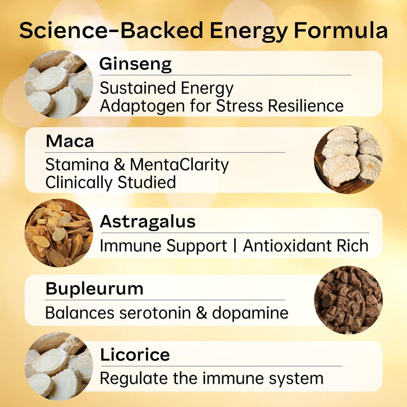 Natural Energy Supplement 800mg - 60 Heart-Shaped Tablets | Ginseng, Maca, Astragalus for Fatigue Relief & Immunity Support | Vegan, Caffeine-Free, Daily Vitality Booster