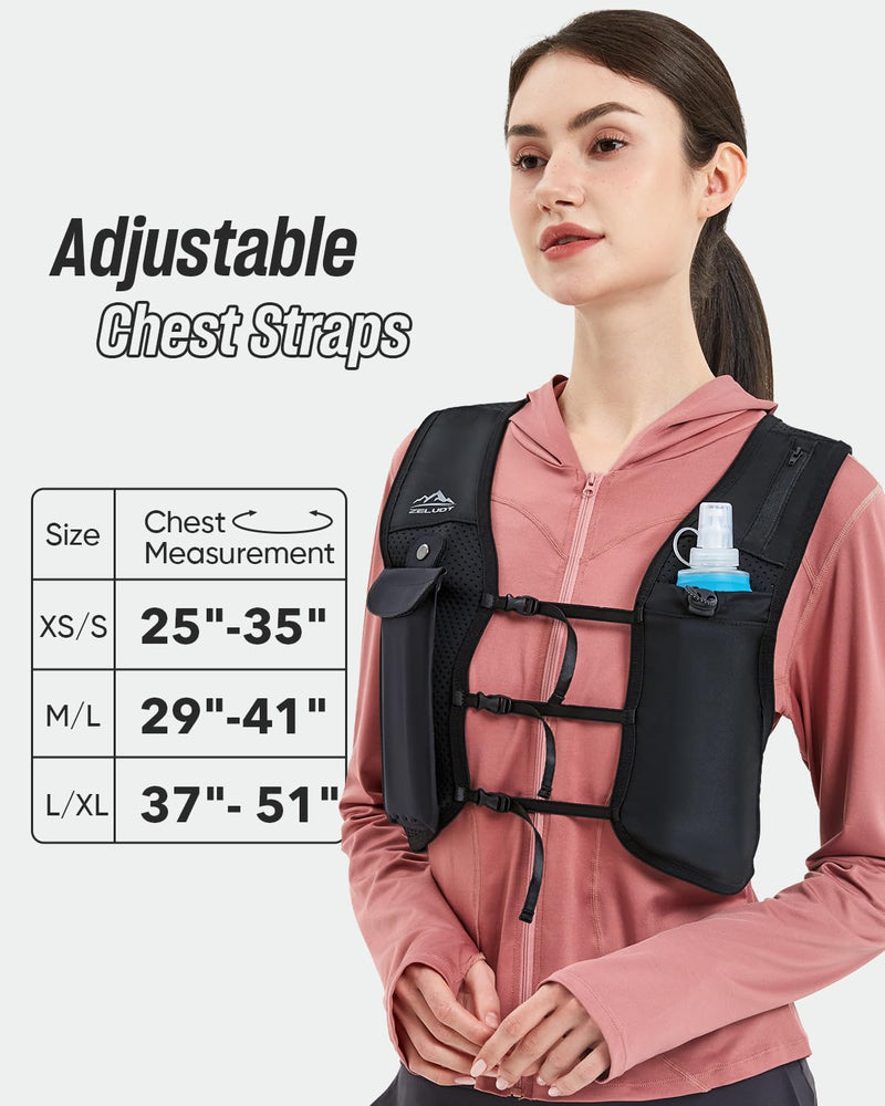 Running Vest for Women Men, USA Original Patent, Adjustable Chest Straps Running Hydration Vest with 500ml Soft Flask, Lightweight Reflective Hydration Backpack for Marathon Medium-Large Black
