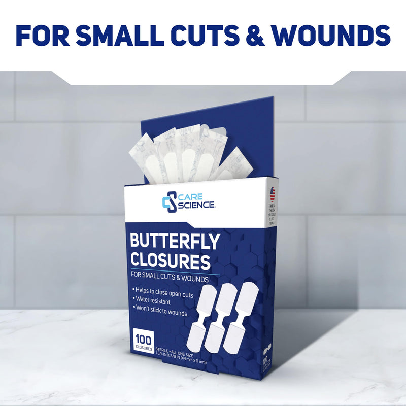Care Science Butterfly Adhesive Closures Medium, 100ct |Waterproof Closures that Firmly Holds Minor Cuts and Wounds Closed