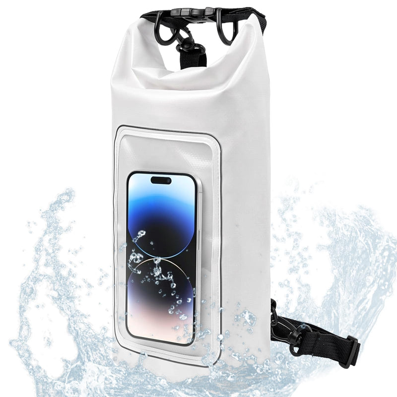 Waterproof Dry Bag 2L, IPX8 Roll Top Waterproof Belt Bag with Clear Phone Window, Phone Pouch Water Protector, Boat & Kayak Accessories, Essentials for Cruise Camp Swim Beach Fish Travel (White) White dry bag 2L - BeesActive Australia