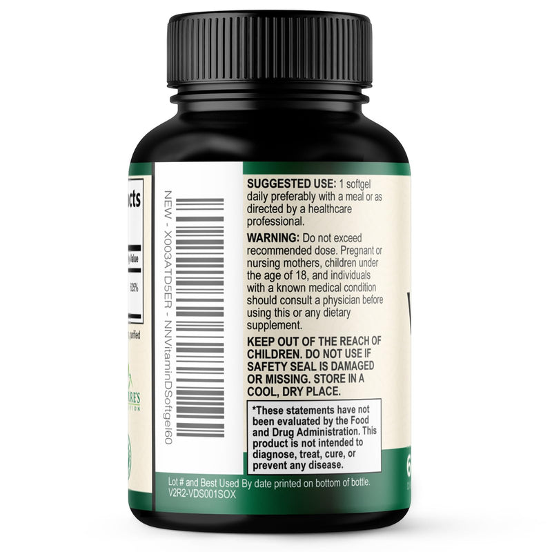 Vitamin D3 5000 IU 125 mcg Per Serving - Extra Strength Vitamin D for Bone Health, Teeth, Muscle & Immune Support - High Absorption D3 Supplement - Non-GMO Gluten Free - USA Bottled - 60 Softgels 60 Count (Pack of 1)