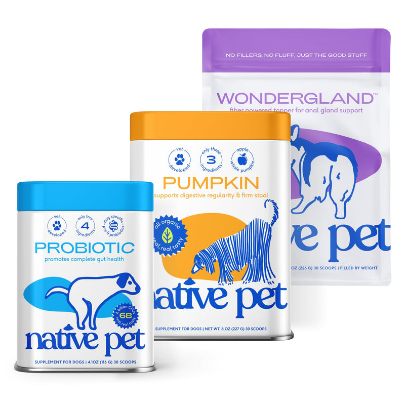 Native Pet Butt Stuff Bundle: Pumpkin Powder (30 Scoops), WonderGland Anal Gland Treatment (30 Scoops) & Probiotic Powder (30 Scoops) - Organic Fiber for Digestive & Gut Health Support
