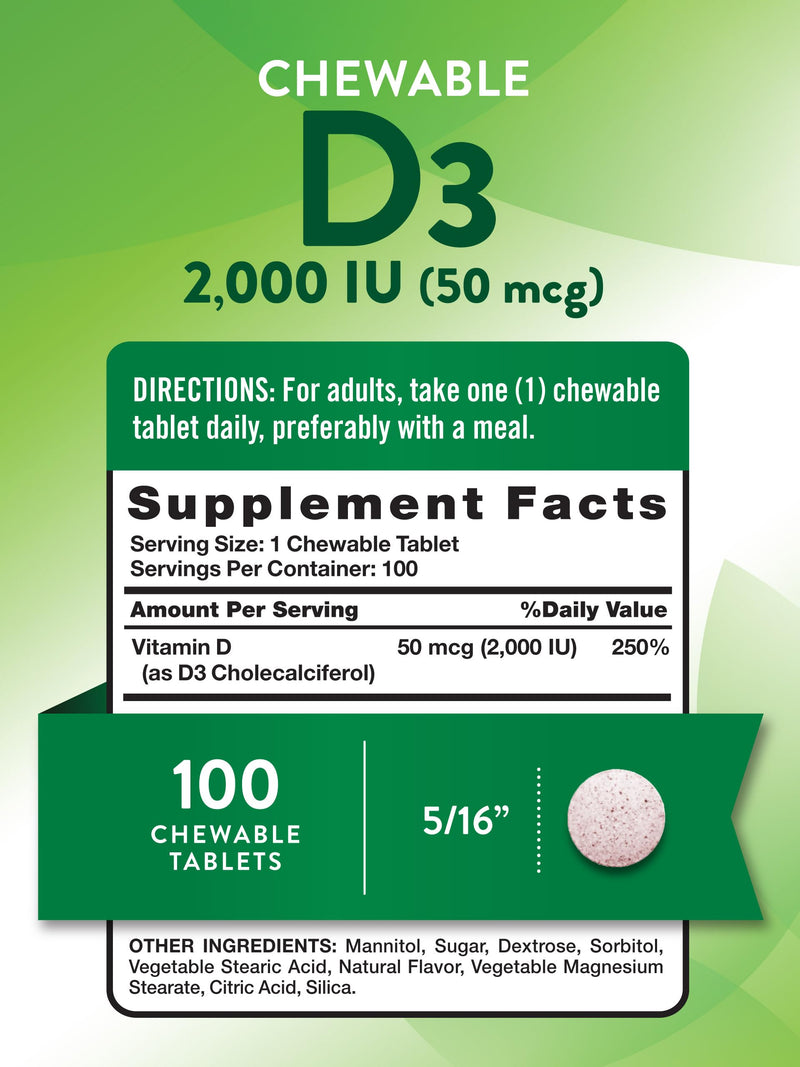 Nature's Truth Chewable Vitamin D3 | 2,000 IU | 100 Tablets | Berry Flavor | Vegetarian, Non-GMO, & Gluten Free Supplement