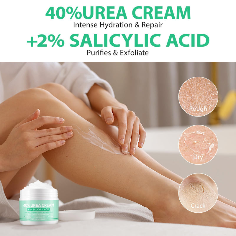 Urea Cream 40 Percent for Feet - 40% Urea Cream Plus 2% Salicylic Acid with Hyaluronic Acid,Tea Tree, Aloe Vera for Dry Cracked Heels, Knees & Maximum Strength Foot Deep Moisturizer(5.29 OZ) - BeesActive Australia
