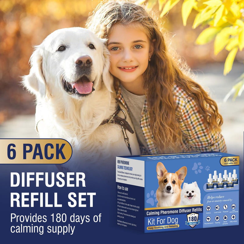 Dog Calming Diffuser Refills 6 Pack Pheromone Appeasing Pet Pheromones Refill 48ml to Calm for Anxiety Relief Reduce Aggression Stress Fighting Barking Fit Common Diffusers Plug in 180 Day(Tasteless) Tasteless