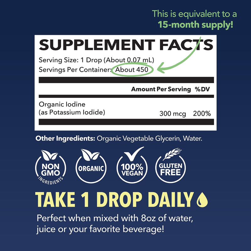 Iodine Liquid Drops - USDA Organic Potassium Iodide Supplement for Thyroid Health, Hormone Balance, and Metabolism Support - 1-Year Supply - Vegan, Non-GMO Gluten-Free - Unflavored, 1 Fl Oz - BeesActive Australia
