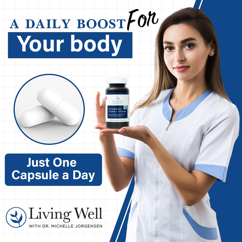 Living Well Dr. Michelle Vitamin D3 10,000 IU with K2, 60 Capsules | Supports Immune, Bone and Teeth Health - Non-GMO, Gluten-Free, Dairy-Free, 60-Day Supply