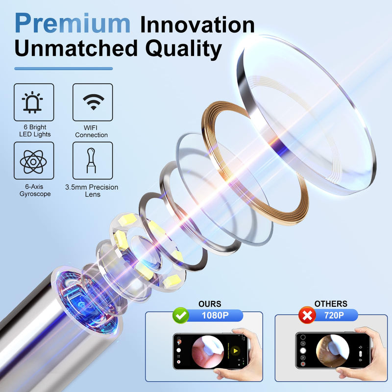AI Eardrum Alert, AI Ear Wax Removal Kit, 1080P HD Camera with 6-Axis Gyroscope, Waterproof Lens, 230mAh Battery, Earwax Removal Tool with 8 Pcs Ear Set, Otoscope Camera for iOS & Android (Black) - BeesActive Australia