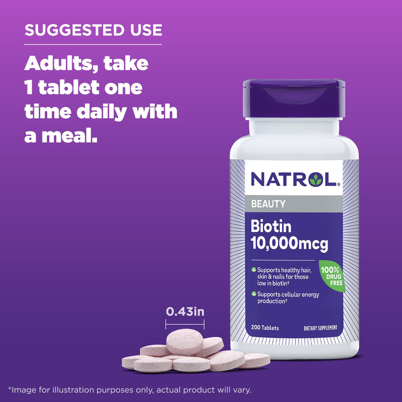 Natrol Biotin 10000mcg, Supplement for Healthy Hair, Skin and Nails for Those Low in Biotin, Plus Energy Metabolism Support, 200 Tablets, Up to a 200 Day Supply,(Pack of 2) Unflavored 200 Count (Pack of 2)