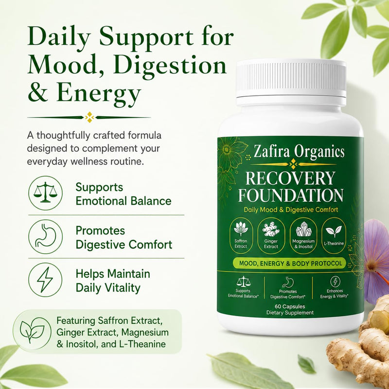 Recovery Foundation Supplement, Mood & Digestive Comfort Support with Saffron Extract, L-Theanine, Myo-Inositol, Magnesium, Ginger, Vitamin D3 & B12, Daily Energy, 60 Capsules