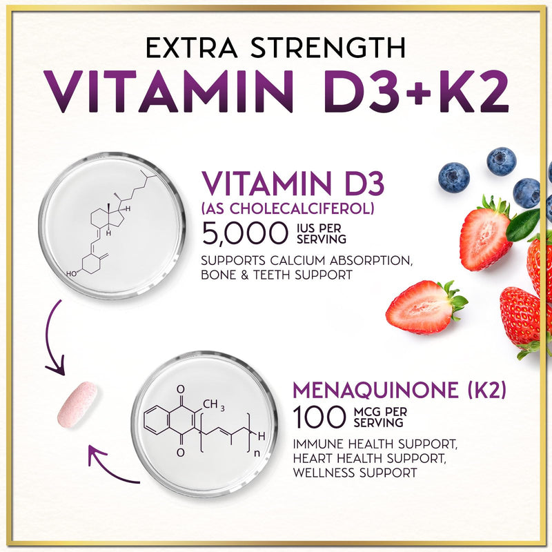 Vitamin D3 K2 - 5000 iu Vitamin D3 Per Serving Vitamin K2 (MK-7) Complex for Immune Support - Natural Bone, Teeth & Muscle Health Support - Berry Chewable, Gluten Free, Bottled in USA - 120 Tablets