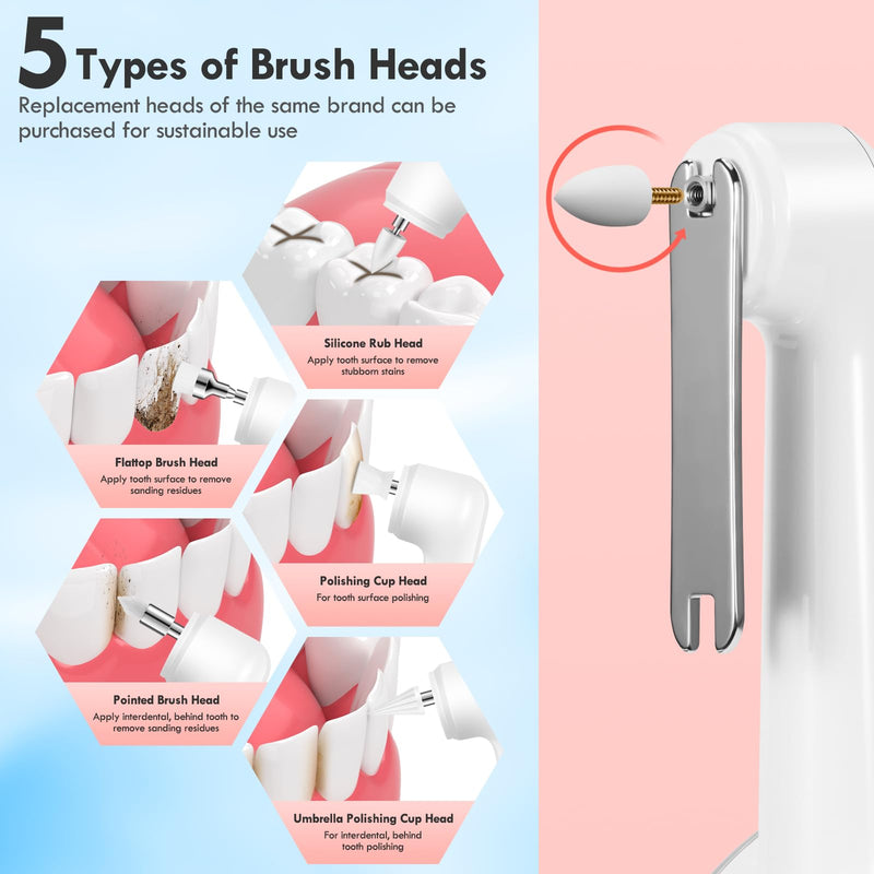 Tooth Polisher, Rechargeable Teeth Polisher for Daily Cleaning, Whitening and Polishing, Electric Dental Teeth Polishing with LED Light, 5 Brush Heads, 5 Speed Modes, Waterproof 1 Count (Pack of 1) White