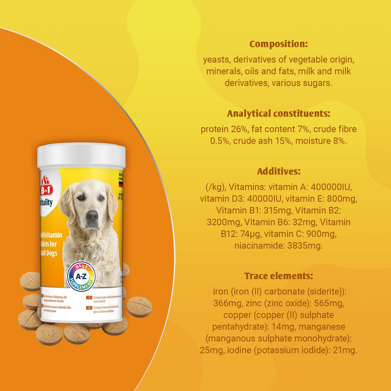 Dog Multivitamins Nutritional Supplement - 9 multivitamins and 5 micronutrients - 70 tablets - for active lifestyle and immunity